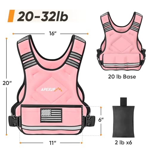 APEXUP Adjustable Weighted Vest, 4-10lb/12-18lb/20-32lb Vest with 6 Ironsand Weights and Large Pocket, Weight Vest for Men Women Strength Training, Running, Walking - color: Pastel Pink, size: 20-32lbs