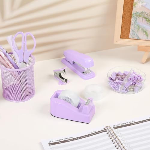 SKYDUE Purple Desk Accessories, Stapler and Tape Dispenser Set,10PCS - color: Purple