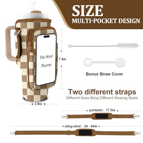 Stanley Carrier Bag for Stanley 40oz/30ozTumbler with Phone with 2 Adjustable Strap,3 Pockets Bottle Stanley Cup Carrier Bag & Case,Accessories for Hiking Travelling - color: Gray and white checkered