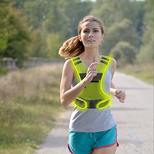 LED Reflective Vest Running Gear with Pouch, USB Charging & Ultralight Reflective Safety Vest | Large Pocket & Adjustable Waist for Night Running Cycling - 3 LED Glowing Modes Reflector Strips