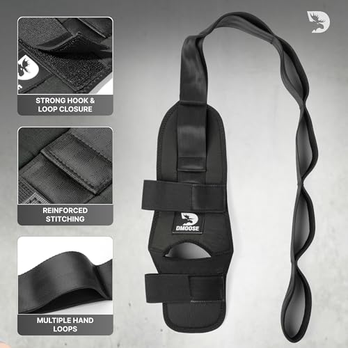 DMoose Fitness Foot & Calf Stretcher with Adjustable Padded Stretching Strap for Plantar Fasciitis, Hamstring, Heel Spurs and Achilles Tendonitis Relief - Yoga Leg Stretch Strap for Flexibility - color: Black Premium