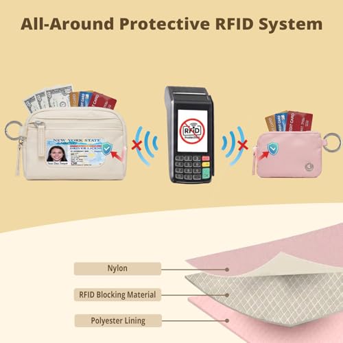 Dual Pouch Wristlet Keychain Wallet for Women, Coin Purse with RFID Blocking, Nylon Phone Wallet & Card Holder - color: Creamy Beige+Blush Pink