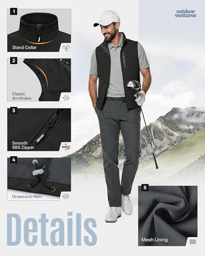 Outdoor Ventures Men's Running Golf Vest Outerwear Lightweight Windproof - color: Black, size: Large