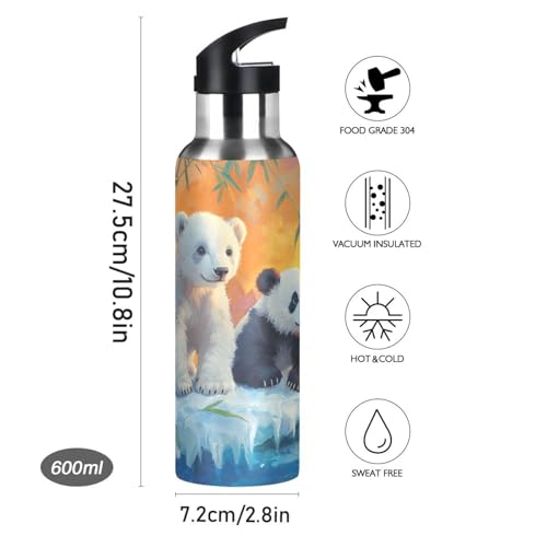 OTVEE Polar Bears and Pandas Water Bottle Sports Water Bottle Insulated Stainless Steel Hot Cold Water Mug with Straw Lid & Handle for Sports Gym 20 oz - color: Polar Bears and Pandas