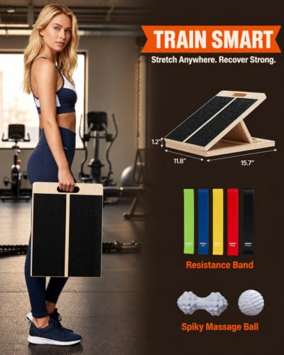 Frylr Slant Board for Exercise with Complete Mobility Kit, Foot Stretcher, Portable Foldable Wooden Wedge with 500 lb Capacity, Non-Slip Design, Carry Handle for Home, Gym and Office - style: Board + Bands + Balls