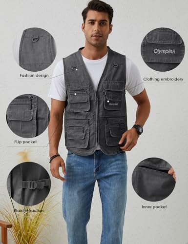 Gihuo Men's Fishing Vest Utility Safari Cargo Fly Vest with Multi Pockets - color: Grey, size: Large