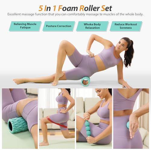 5 in1 Foam Roller Set High Density 15" Foam Roller for Muscle Recovery - color: Pure Turquoise