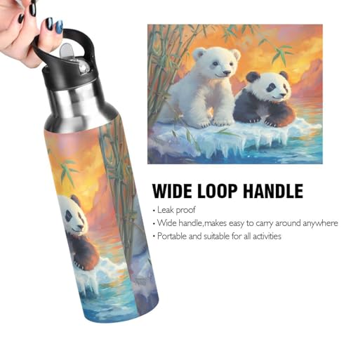 OTVEE Polar Bears and Pandas Water Bottle Sports Water Bottle Insulated Stainless Steel Hot Cold Water Mug with Straw Lid & Handle for Sports Gym 20 oz - color: Polar Bears and Pandas