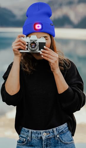 ATNKE LED Lighted Beanie Hat,USB Rechargeable 4 LED Red and Blue Flashing Running Headlamp Cap Gifts for Men and Women - color: #Blue