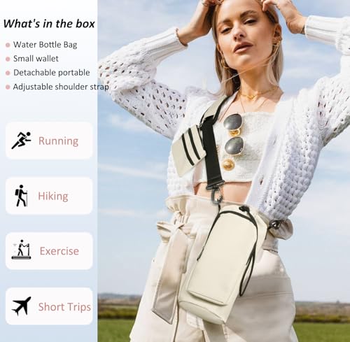 Insulated Water Bottle Carrier with Adjustable Strap - 25/32/40 oz Water Bottle Crossbody Bag with Small Purse for Hiking, Gym, Travel - color: Cream