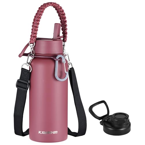 KXIAOCHEN Insulated Water Bottle with Strap, 48-Hour Cold, 2 Lids - color: Red, size: 32 Ounces