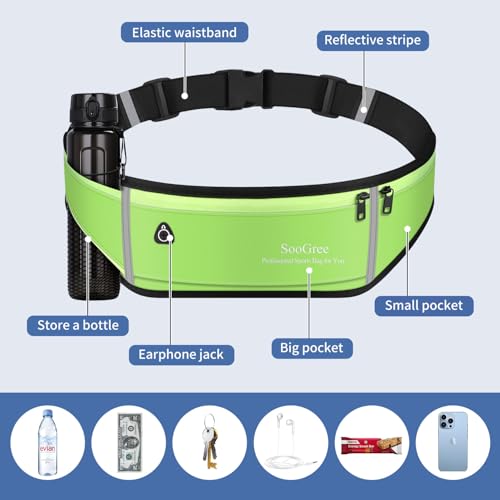 SooGree Slim Running Belt Fanny Packs for Women & Men Runners Pouch Waist Pack Phone Holder Large Crossbody Runners Bag Gear Accessories for Running Hiking Traveling Sports Adjustable Strap - color: Green, size: 1189