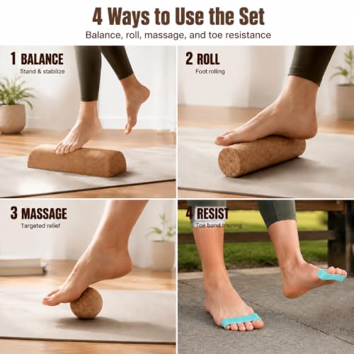 Cork Balance Board, 4-in-1 Foot Massage & Balance Trainer Set with Foot Roller, Massage Ball and Toe Resistance Bands, Foot and Ankle Strengthener Kit for Runners, Yoga and Mobility