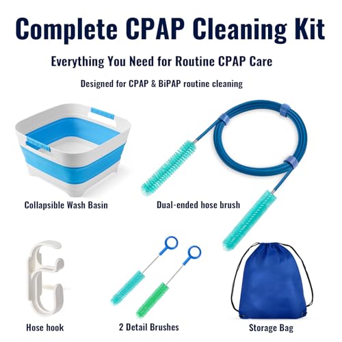 CPAP Cleaning Kit for Hose and Mask, Dual-Ended Hose Cleaner Brush for 22mm & 15mm Tubing, Collapsible Wash Basin, 2 Detail Brushes, Hook & Storage Bag, CPAP Cleaning Supplies - color: Pro