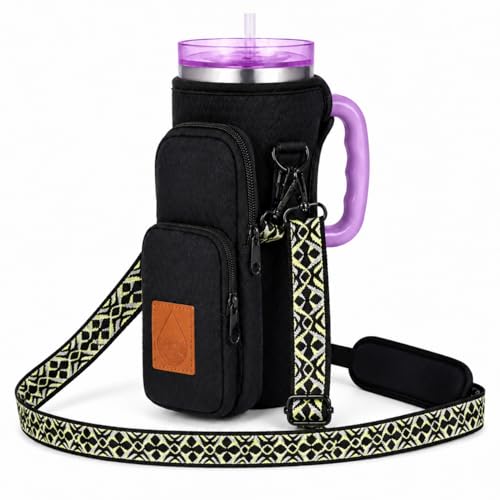 Water Bottle Holder with Strap - Crossbody Waterbottle Bag - color: Black