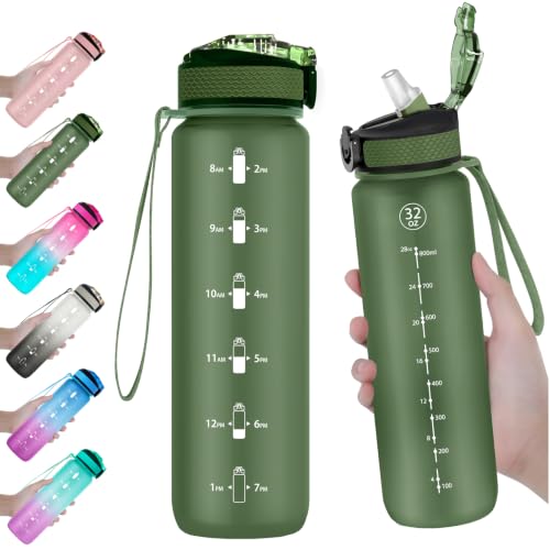 EYQ 32oz Water Bottle with Straw, Sports Bottle with Time Marker - color: 8.Hunter Green