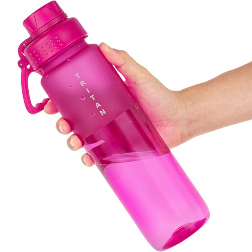 OLDLEY 32 oz Water Bottle with Handle, BPA-Free Tritan Reusable Sports Water Bottle with Leak-Proof Dust Lid, Wide Mouth, Cup Holder Friendly, Half Frosted Clear Bottle for Gym, Travel, Work,Hot Pink - color: Hot Pink