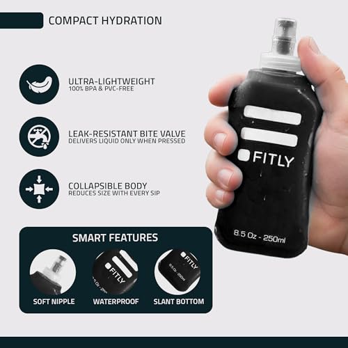 FITLY Soft Flask Running Water Bottle - Collapsible Hydration Flask - color: Black, size: 8.5 Ounces
