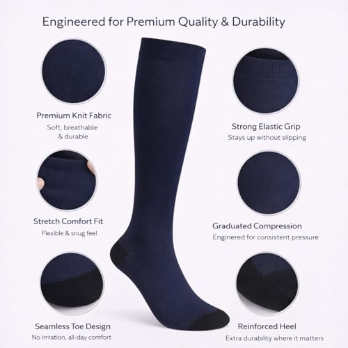 Diamond Star 6 Pairs Compression Socks for Men & Women, Knee High Socks - color: 6 Pairs Navy