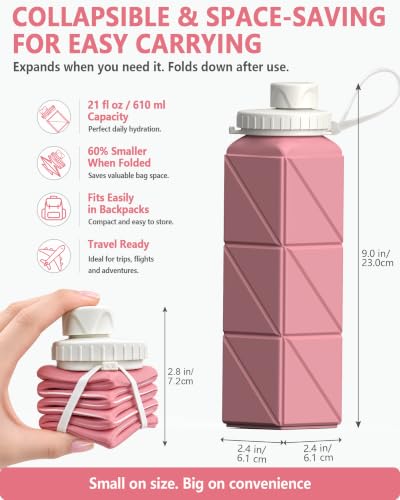 BEAUTAIL Collapsible Water Bottles 21oz/610mL, Silicone Travel Water Bottle - color: Pink