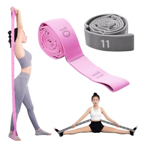 2-Pack 11-Loop Stretch Bands, Adjustable Stretch Strap for Yoga, Pilates, Dance, Ballet, Gymnastics, Flexibility, Leg Stretching, Physical Therapy & Stretching Equipment for Home Workout & Mobility - color: Pink+Gray