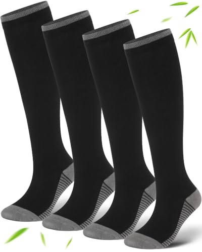 Bamboo Viscose Compression Socks|4Pairs 15-20mmHg Knee High Socks - color: 01-all Black, size: Large-X-Large