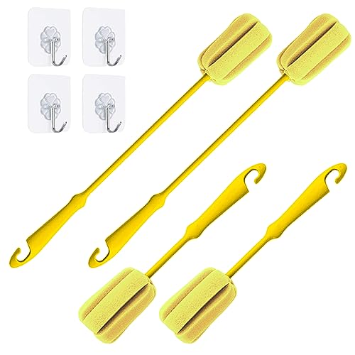 4PCS Yellow Soft Sponge Bottle Cleaning Brush Plastic Handle Cup Brush Scrubber Washing Brush vase Bottle Pot Cleaner（2 Size 10”15”） - color: Yellow