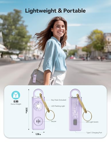 TECKNET Rechargeable Personal Safety Alarm for Women, 130dB Self Defense Keychain Alarm with SOS Strobe Light, Low Battery Notice, Personal Alarm Loud Siren Safety Keychain for Girls Kids Elderly - color: Lavender Purple