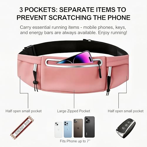 Running Belt Fanny Pack:3 Pocket Waist Bag for Men Women Workout Exercise Fitness Phone Holder Fits All Phones - Runner Marathon Jogging Race Belt with Bib Clip (Pink) - color: Pink