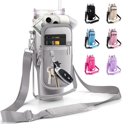 Water Bottle Carrier Bag for Stanley Cup 40 oz with Phone & Storage Pockets - color: Gray-02