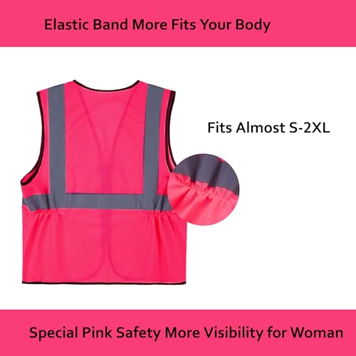 Pink Safety Vests 10 Pack - Reflective High Visibility Construction ANSI Class 2 Work Vests for Men,Woman with Zipper,Hi Vis Mesh and Neon Silver - color: Pink