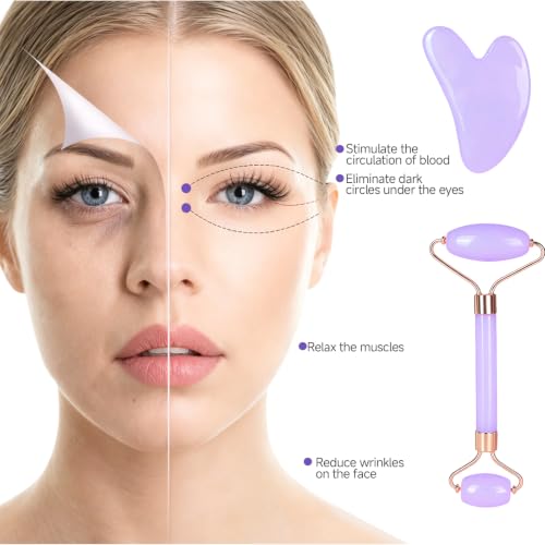 Skincare Tools Set with Face Cleansing Brush, Ice Face Roller & Gua Sha Set - color: Purple