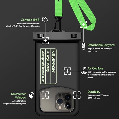 10.5" Large Floating Waterproof Phone Pouch - 2 Pack Float Clear Cell Holder Protector with Lanyard - Universal Floatable Water Proof Dry Bag for iPhone Samsung Galaxy for Beach Swimming Pool - color: 2 Pack Large Black