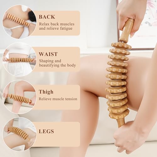 Cellulite Massage Tool Wood Therapy Massage Tools Fascia Blaster Mucle Roller Lymphatic Drainage Massager Deep Tissue Massage Stick for Legs Thighs Relief Recovery(White 12-Wheel) - color: Nude 12-wheel