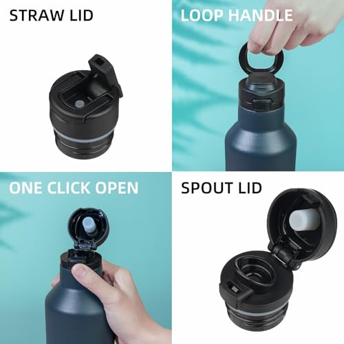 BJPKPK 25oz Insulated Thermal Water Bottle, Straw & Handle, Stainless Steel - color: Navy Blue, size: 25 Ounces