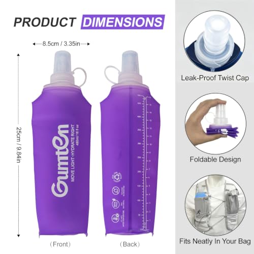 Soft Flask 480ml TPU Soft Water Bottle BPA-Free Collapsible for Hydration Pack Running Vest Jogging Hiking Cycling Camping (Purple) - color: Purple