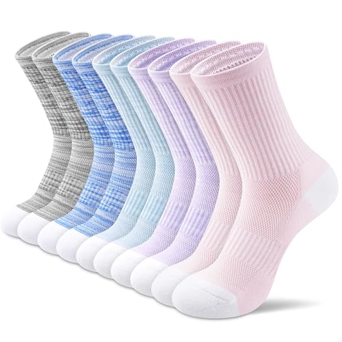 Crew Socks for Women Cushioned Athletic Running Hiking Compression 5 Pairs - color: 5 Pairs Cozy Pastel Crew Socks, size: 10-12