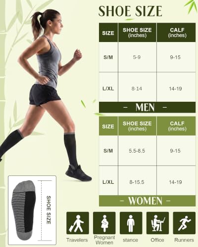 Bamboo Viscose Compression Socks|4Pairs 15-20mmHg Knee High Socks - color: 01-all Black, size: Large-X-Large