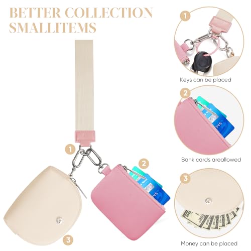 VUTUXA KeyChain Wallet Wristlet For Women Mini Zip Dual Pouch Coin Purse - color: pink+white