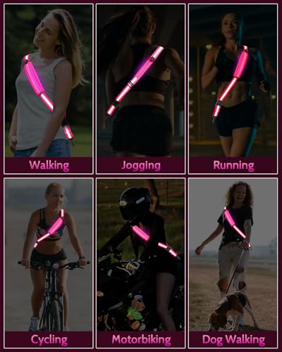 Fitense LED Reflective Belt Sash - 5 Lights Colors & 3 Light Modes High Visibility Night Safety Belt, Rechargeable Light Up Running Gear Adjustable Vest Straps for Runners Walkers Men Women - color: Pink, style: Pouch