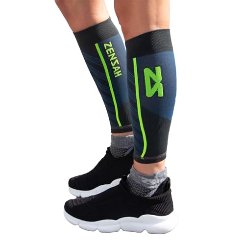 Zensah Featherweight Compression Leg Sleeves - Relieve Shin Splints, Calf Strains - color: Charcoal/Blue, size: Medium