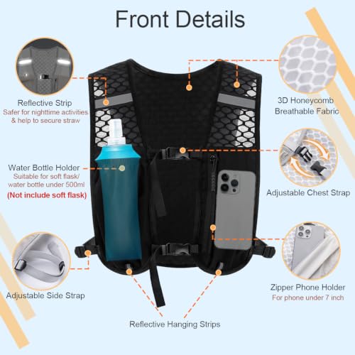 Running Vest Hydration Backpack for Men Women, Lightweight Breathable Hydration Packs, Adjustable Chest Straps Daypack, Reflective Water Running Vest for Marathon, Trail, Hiking, Cycling - color: Black
