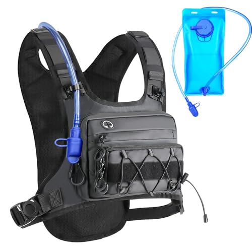 Running Vest 2L Water Bladderfor Men & Women, Lightweight Breathable Reflective Design, Adjustable Shoulder Straps with Phone Pocket, Ideal for Cycling & Mountain Sports (Black, F)