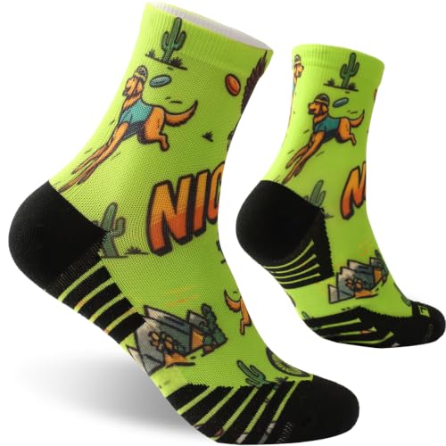 NIcool Cycling Socks For Men, 1/3 Pairs Bright Seamless Compression Running Crew Socks Youth Cushioned Tennis Quarter Socks - color: 1 Pair Neon Green/Dog Print
