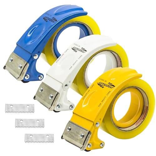 3 Pack Metal Handheld 2 Inch Tape Gun Dispenser Packing Packaging Sealing Cutter (Blue White Yellow)