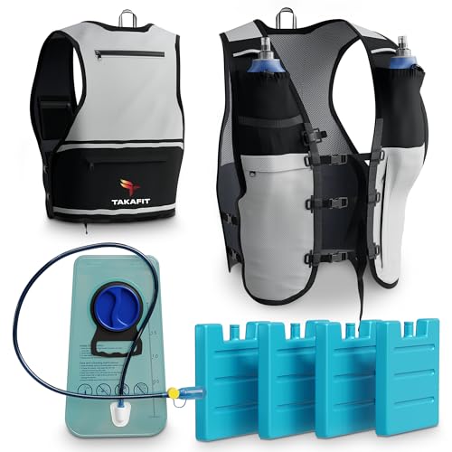 TakaFiTrail Running Hydration Vest Men - Breathable Trail Running Hydration Vest w/ 2 Water Bottles, Bladder Pouch, Ice Pack for Runners - Reflective Marathon Gear Jogging Backpack for Hiking