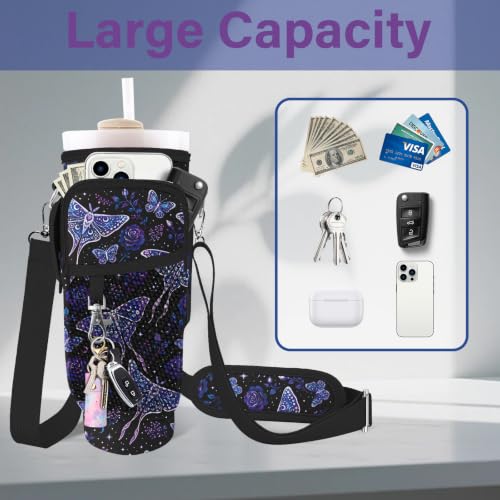 Water Bottle Carrier Bag for Stanley Cup 40/30oz, Neoprene Water Bottle Holder Pouch with 3 Pocket Adjustable Shoulder & Hand Strap - color: Purple Butterfly