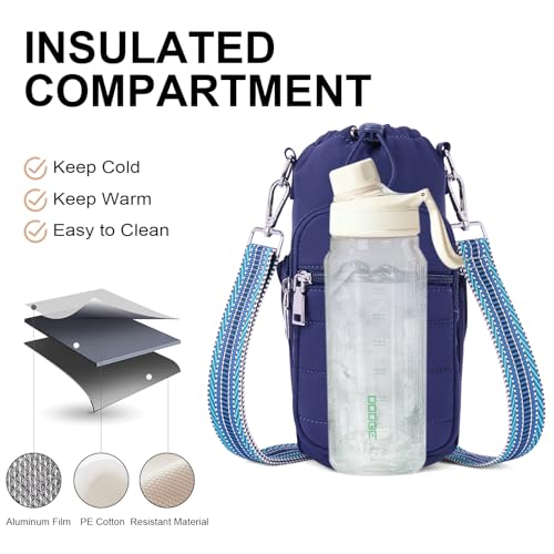 Water Bottle Bag 40 oz Crossbody Holder for Walking Hiking Insulated Carrier Purse with Adjustable Strap - color: Blue