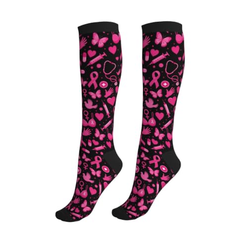 Tie Dye Compression Socks Knee High Support Socks For Women Men Running Athletic Hiking - color: Breast Cancer