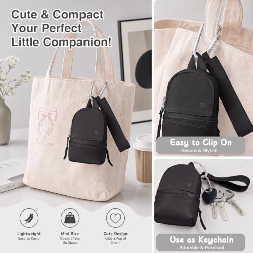 Babysun Mini Backpack Keychain Wristlet Pouch Small Change Coin Purse Cute Zipper Wallet With 3 RFID Card Slots For Women/Men Airpods Cosmetics - color: Black